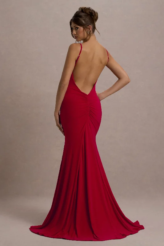 Adele | Red Ruched Fishtail Cami Maxi Dress Trendy Maxi Dress with Straps
