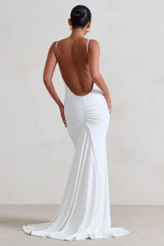 Adele | White Ruched Fishtail Cami Maxi Dress Fashionable Off-Shoulder Maxi Dress