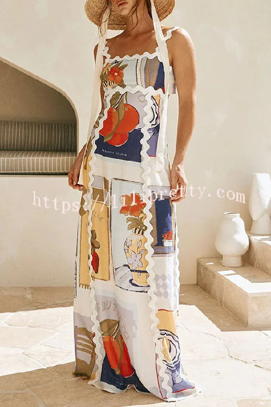 Lilipretty® Chelsea Ric Rac Trims Unique Print Back Tie-up Maxi Dress Trendy Satin Maxi Dress Lilipretty® Chelsea Ric Rac Trims Unique Print Back Tie-up Maxi Dress Trendy Satin Maxi Dress