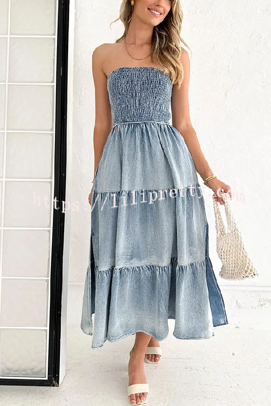 Asmn Off Shoulder Pleated Pocket Paneled Denim Maxi Dress Cozy Maxi Dress with Slit