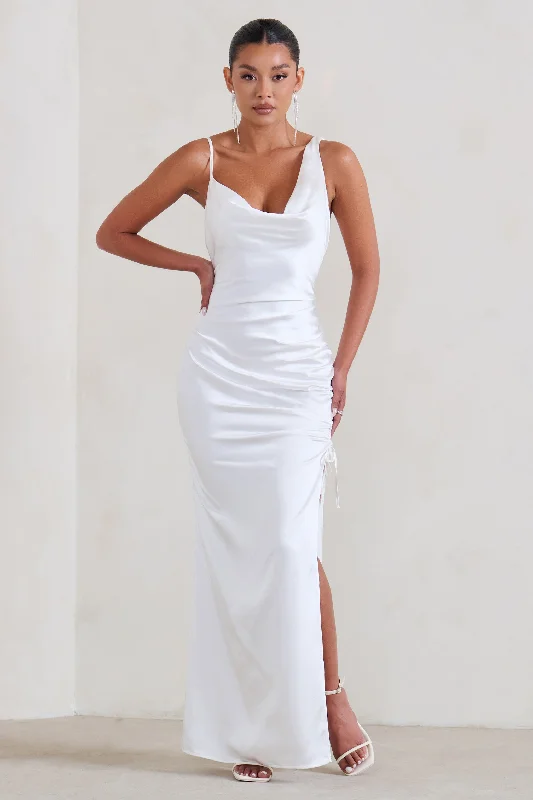 Belonging | White Ruched Cowl Maxi Dress Elegant Maxi Dress with Ruffles
