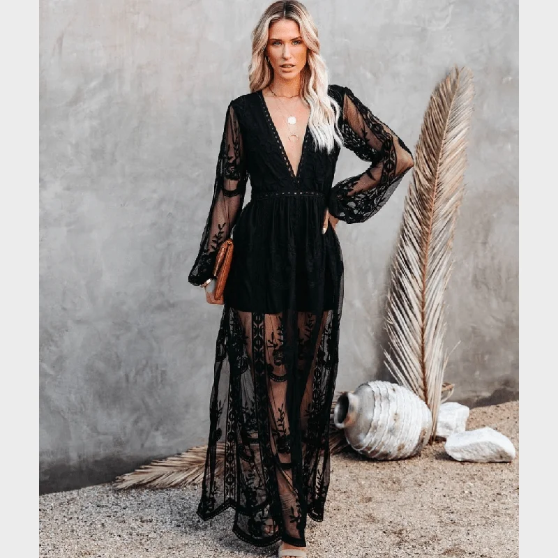 Black Boho Lace Maxi Dress Classic Tulle Maxi Dress