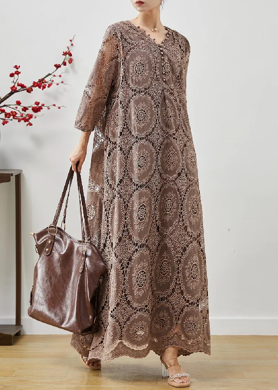 Boutique Brown Oversized Hollow Out Lace Maxi Dresses Summer Comfortable Ruffle Hem Maxi Dress