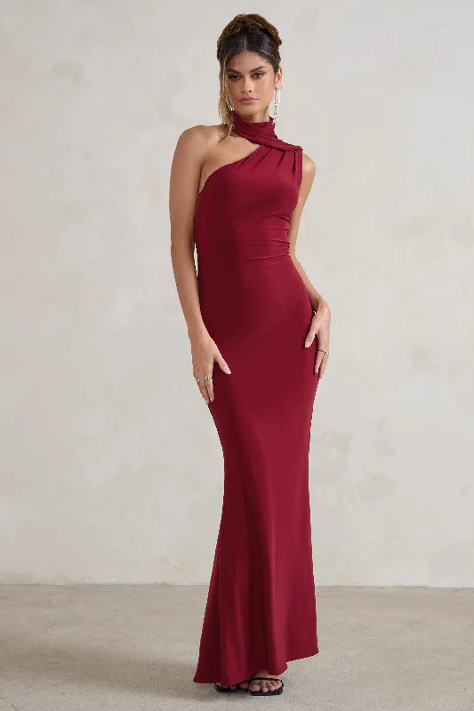 Capucine | Berry Red One Shoulder Draped Maxi Dress Elegant Silk Maxi Dress