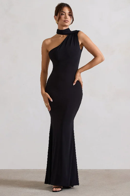 Capucine | Black One Shoulder Draped Maxi Dress Fashionable Chiffon Tiered Maxi Dress Capucine | Black One Shoulder Draped Maxi Dress Fashionable Chiffon Tiered Maxi Dress