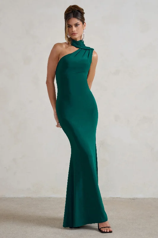 Capucine | Bottle Green One Shoulder Draped Maxi Dress Comfortable T-Shirt Maxi Dress Capucine | Bottle Green One Shoulder Draped Maxi Dress Comfortable T-Shirt Maxi Dress