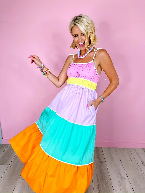 CARMEN COLORBLOCK TIED STRAPS MAXI DRESS Stylish Boho Maxi Dress