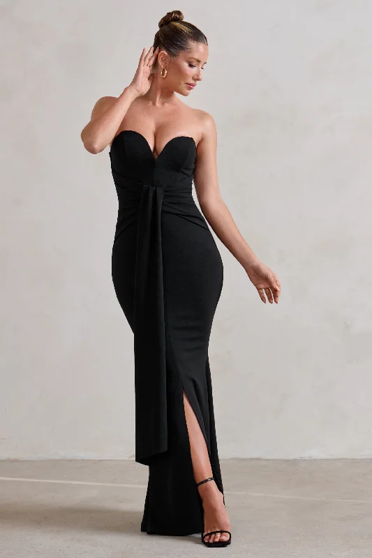 Carrie | Black Sweetheart Neckline Maxi Dress With Statement Tie Comfortable Maxi Dress with Belt