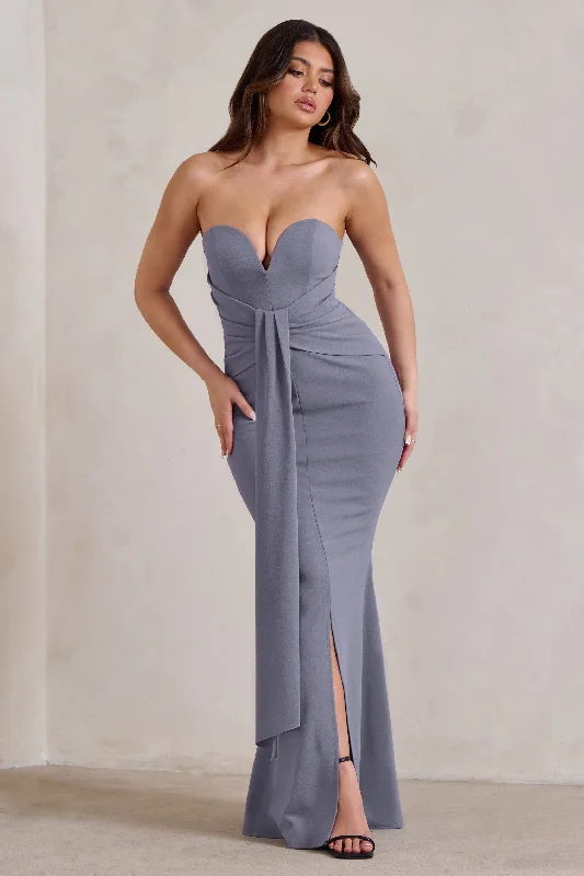 Carrie | Grey Sweetheart Neckline Maxi Dress With Statement Tie Comfortable Ruffle Hem Maxi Dress Carrie | Grey Sweetheart Neckline Maxi Dress With Statement Tie Comfortable Ruffle Hem Maxi Dress