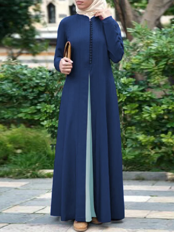 Contrast Color Stitching Bohemian Button Long Sleeve Muslim Abaya Kaftan Women Maxi Dress Fashionable Printed Maxi Dress Contrast Color Stitching Bohemian Button Long Sleeve Muslim Abaya Kaftan Women Maxi Dress Fashionable Printed Maxi Dress