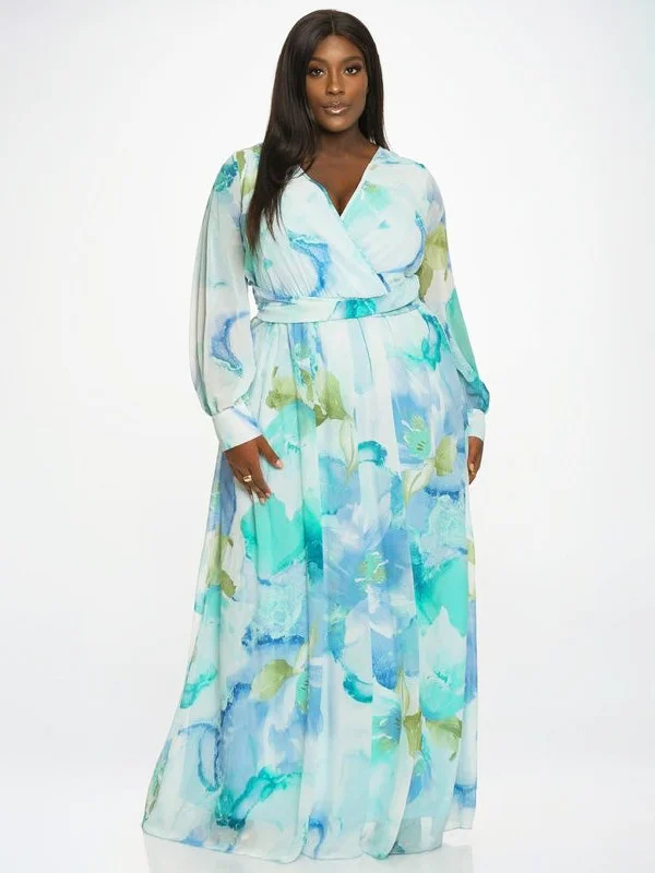 Abigail Plus Size Chiffon Maxi Dress in Aqua Floral Elegant Floral Maxi Dress
