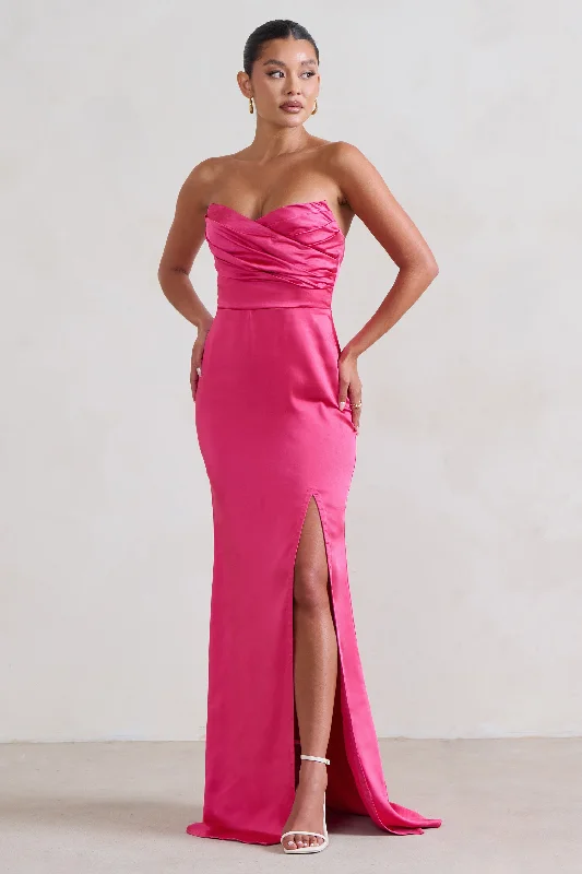 Coraline | Hot Pink Strapless Maxi dress With Split Fashionable Chiffon Maxi Dress