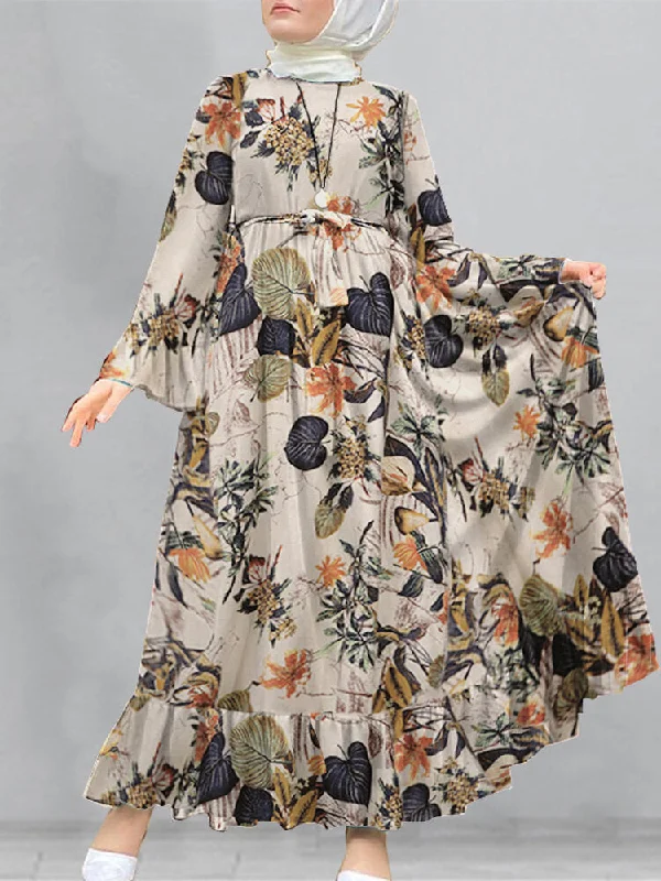 Cotton Floral Print Flare Sleeve Bandage Kaftan Loose Tunic Women Maxi Dress Stylish Empire Waist Maxi Dress Cotton Floral Print Flare Sleeve Bandage Kaftan Loose Tunic Women Maxi Dress Stylish Empire Waist Maxi Dress