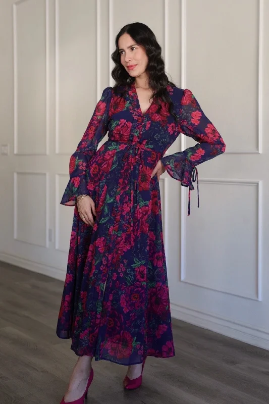 Cristina Button Front Maxi Dress in Floral Chiffon Elegant Wraparound Maxi Dress