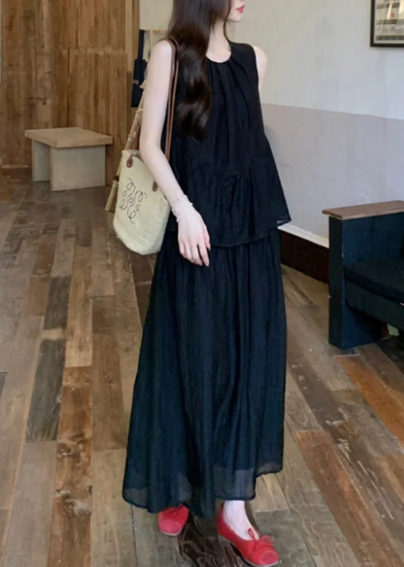 Cute Black O-Neck Patchwork Fake Two Pieces Silk Cotton Maxi Dress Sleeveless Stylish A-Line Maxi Dress Cute Black O-Neck Patchwork Fake Two Pieces Silk Cotton Maxi Dress Sleeveless Stylish A-Line Maxi Dress