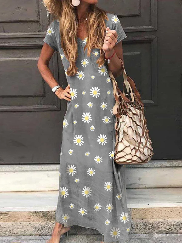 Daisy Print V-neck Short Sleeve Casual Loose Women Maxi Dress Stylish Boho Chic Maxi Dress