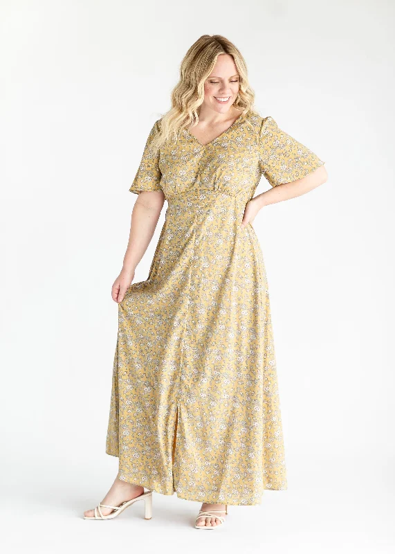 Dandelion Floral Print Maxi Dress - FINAL SALE Elegant Maxi Dress with Ruffles