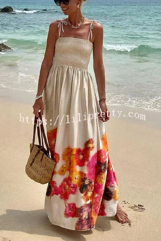 Hidden Garden Satin Floral Print Smocked Tie-up Shoulder Maxi Dress Chic Off-Shoulder Maxi Dress Hidden Garden Satin Floral Print Smocked Tie-up Shoulder Maxi Dress Chic Off-Shoulder Maxi Dress