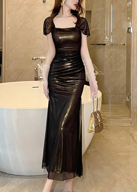 Dinner Black Square Collar Side Open Chiffon Maxi Dress Short Sleeve Casual Maxi Dress with Pockets Dinner Black Square Collar Side Open Chiffon Maxi Dress Short Sleeve Casual Maxi Dress with Pockets