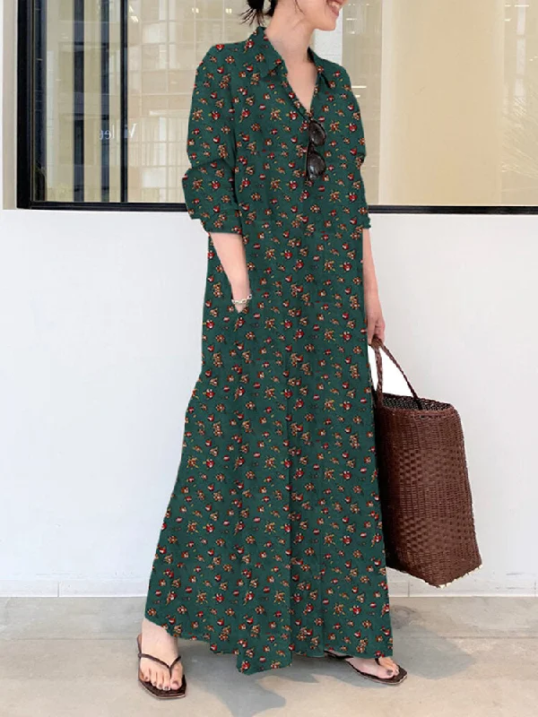 Ditsy Floral Print Long Sleeve Lapel Collar Vintage Shirt Pocket Women Maxi Dress Elegant Maxi Dress with Slit