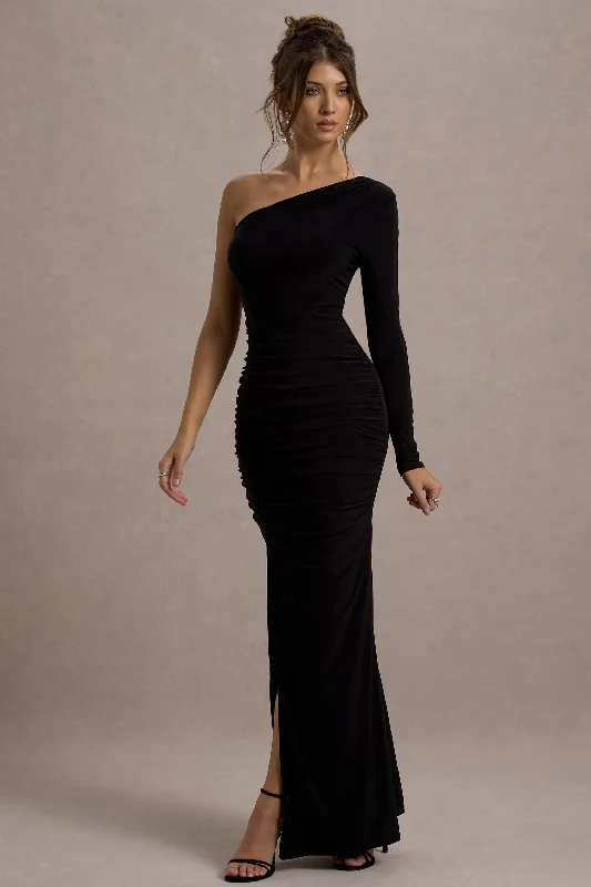 Doll | Black Asymmetric One Sleeve Ruched Maxi Dress Classic Strapless Maxi Dress