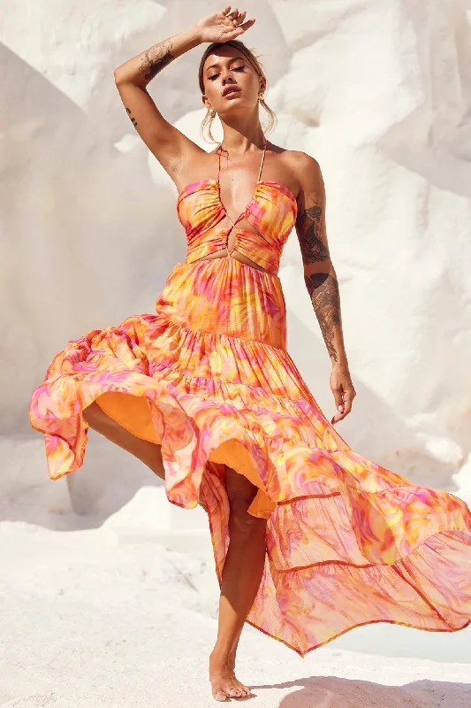 Dreamy Sun Maxi Dress - Orange Multi Stylish Maxi Dress with Frills