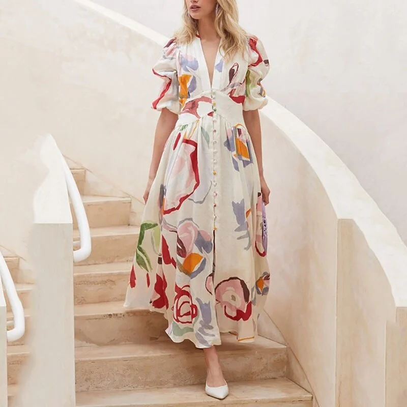Zjkrl - Dresses For Women 2023 Summer Sexy Print Long Maxi Dress Ladies Elegant Button Up Boho Floral Ruffles Pink Robe Vestidos Cozy Ribbed Maxi Dress