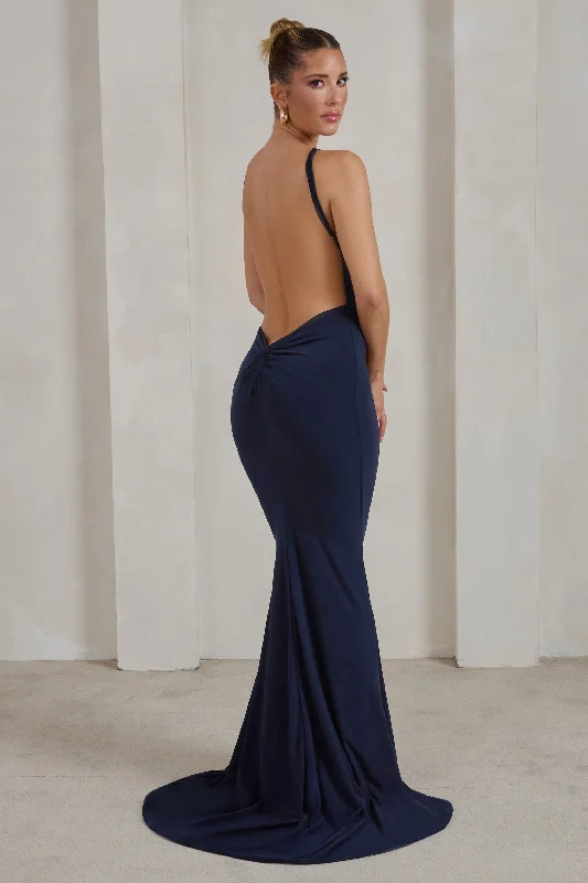 Endless Love | Navy Backless Knot Detail Fishtail Maxi Dress Cozy Cold-Shoulder Maxi Dress Endless Love | Navy Backless Knot Detail Fishtail Maxi Dress Cozy Cold-Shoulder Maxi Dress