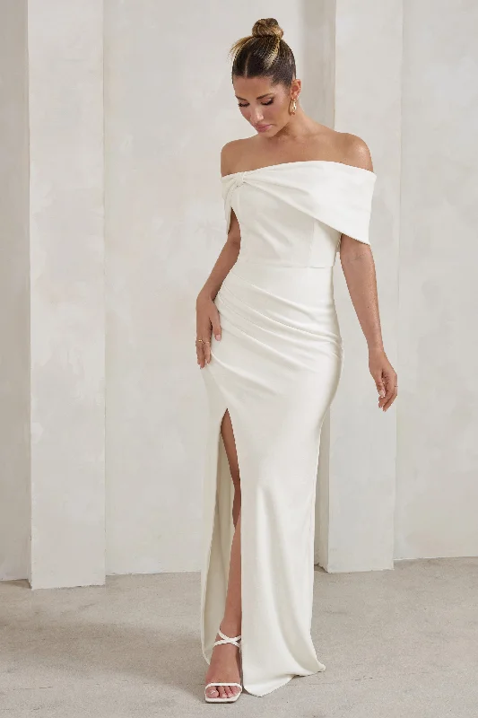 Eva | White Bardot Bow Detail Maxi Dress With Thigh Split Stylish One-Shoulder Maxi Dress Eva | White Bardot Bow Detail Maxi Dress With Thigh Split Stylish One-Shoulder Maxi Dress