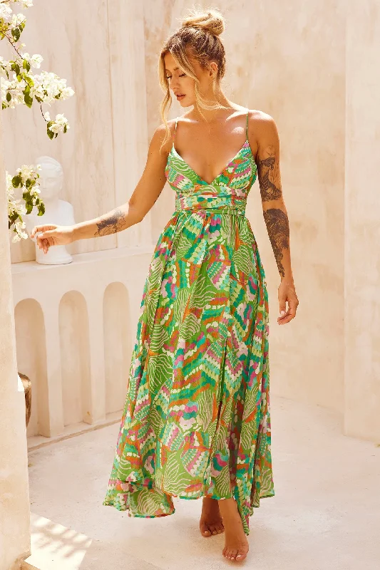 Everywhere Beyond Maxi Dress - Green Multi Chic Off-Shoulder Maxi Dress