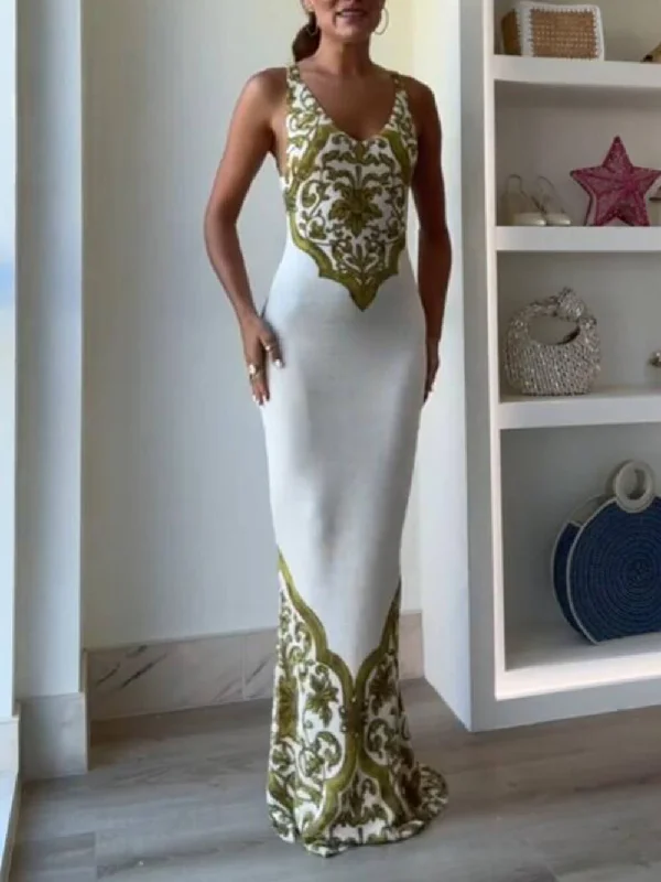 Extraordinary Elegance Symmetrical Unique Graceful Print Stretch Fishtail Maxi Dress Trendy Maxi Dress with Straps Extraordinary Elegance Symmetrical Unique Graceful Print Stretch Fishtail Maxi Dress Trendy Maxi Dress with Straps