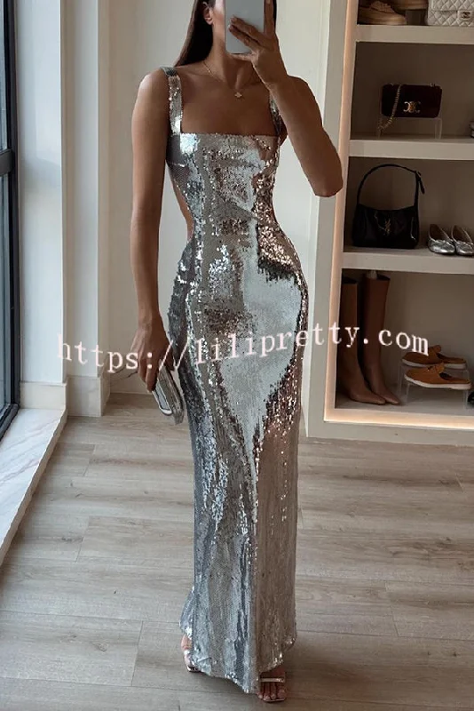 Eye Catching Sequin Cutout Waist Wide Strap Bacakless Maxi Dress Comfortable Satin Maxi Dress Eye Catching Sequin Cutout Waist Wide Strap Bacakless Maxi Dress Comfortable Satin Maxi Dress