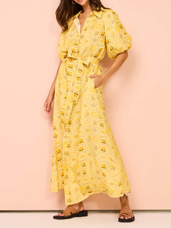 Featured Ethnic Style Loose Graceful Printed Button Shirt Maxi Dresses Elegant Maxi Dress with Belt Featured Ethnic Style Loose Graceful Printed Button Shirt Maxi Dresses Elegant Maxi Dress with Belt