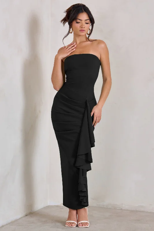 Fleur | Black Bandeau Ruffle Maxi Dress Cozy Spaghetti Strap Maxi Dress