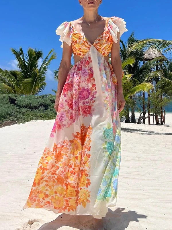 Floral Frill Cutout Charming Back Tie-Up Maxi Dress Comfortable T-Shirt Maxi Dress