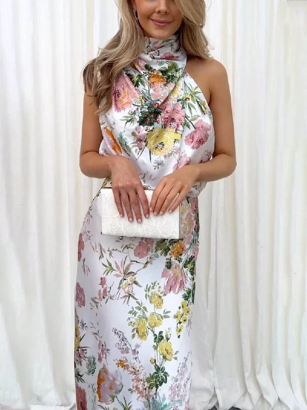 Floral Halter Neck Charming Elastic Waist Maxi Dress Stylish Off-Shoulder Maxi Dress