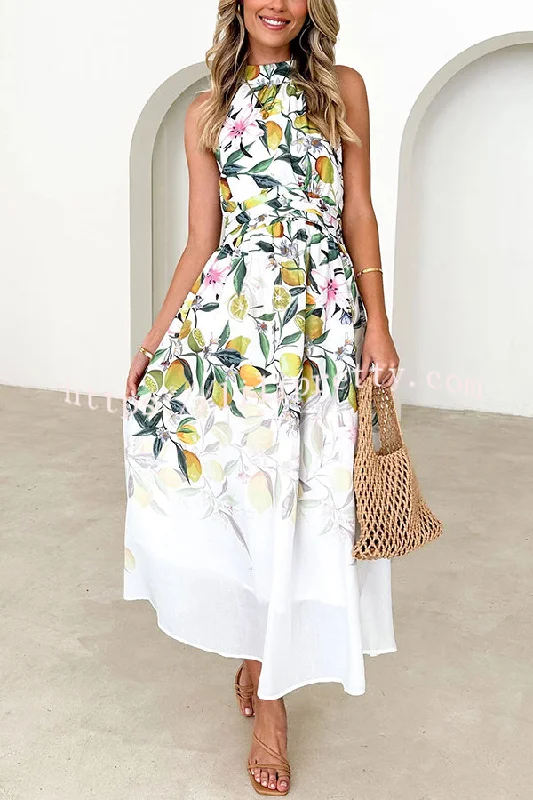 Floral Print Halterneck Tie Zip Smocked Maxi Dress Trendy V-Neck Maxi Dress