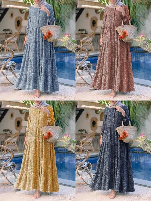 Floral Print O-neck Casual Holiday Bohemian Long Sleeve Tiered Women Maxi Dress Chic Summer Floral Maxi Dress