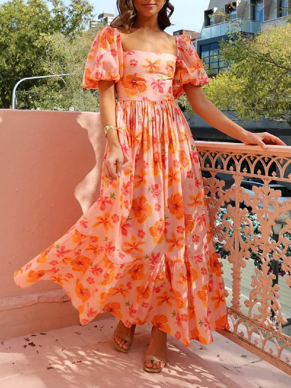 Floral Print Puff Sleeve Graceful Back Smocked Pocket Maxi Dress Chic Summer Floral Maxi Dress Floral Print Puff Sleeve Graceful Back Smocked Pocket Maxi Dress Chic Summer Floral Maxi Dress