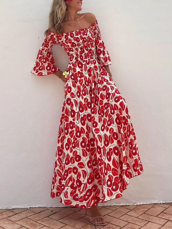Floral Print Smocked Off Graceful Shoulder Pocketed Maxi Dress Comfortable Flowy Maxi Dress Floral Print Smocked Off Graceful Shoulder Pocketed Maxi Dress Comfortable Flowy Maxi Dress