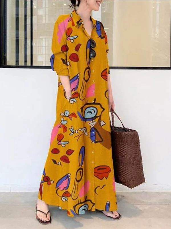 Floral Printed Lapel Collar Long Sleeve Button Split Hem Maxi Shirt Pocket Women Maxi Dress Elegant Maxi Dress with Slit