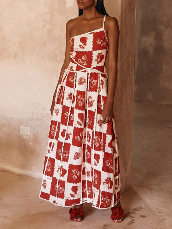 Floral Trim Unique Printed Graceful One Shoulder Flared Maxi Dress Trendy A-Line Maxi Dress Floral Trim Unique Printed Graceful One Shoulder Flared Maxi Dress Trendy A-Line Maxi Dress