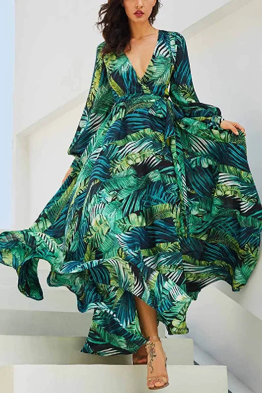 Zjkrl -  V-Neck Leaf Print Maxi Dress Classic Black Maxi Dress