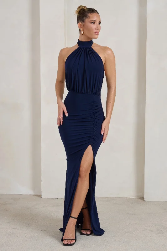 Forever Dreaming | Navy Backless Halterneck Ruched Split Maxi Dress Comfortable Maxi Dress with Sleeves Forever Dreaming | Navy Backless Halterneck Ruched Split Maxi Dress Comfortable Maxi Dress with Sleeves