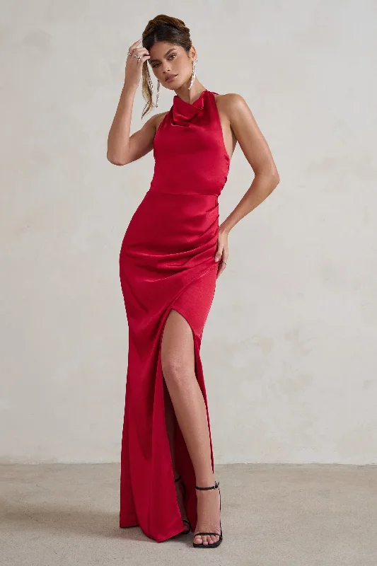 Forever Feature | Berry Red High Neck Wrap Maxi Dress Comfortable Long-Sleeve Maxi Dress Forever Feature | Berry Red High Neck Wrap Maxi Dress Comfortable Long-Sleeve Maxi Dress