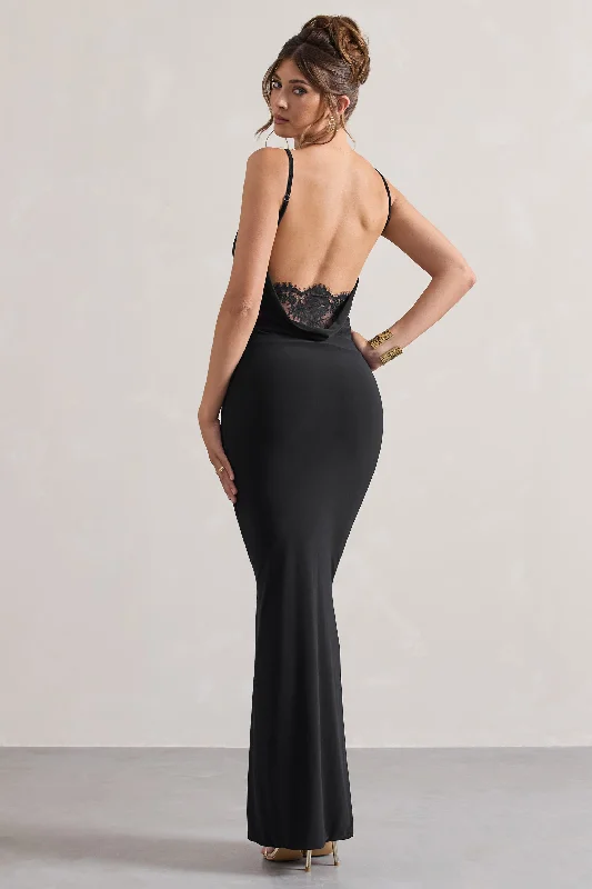 Francoise | Black Cowl Neck Backless Maxi Dress With Lace Insert Cozy Maxi Dress with Slit Francoise | Black Cowl Neck Backless Maxi Dress With Lace Insert Cozy Maxi Dress with Slit