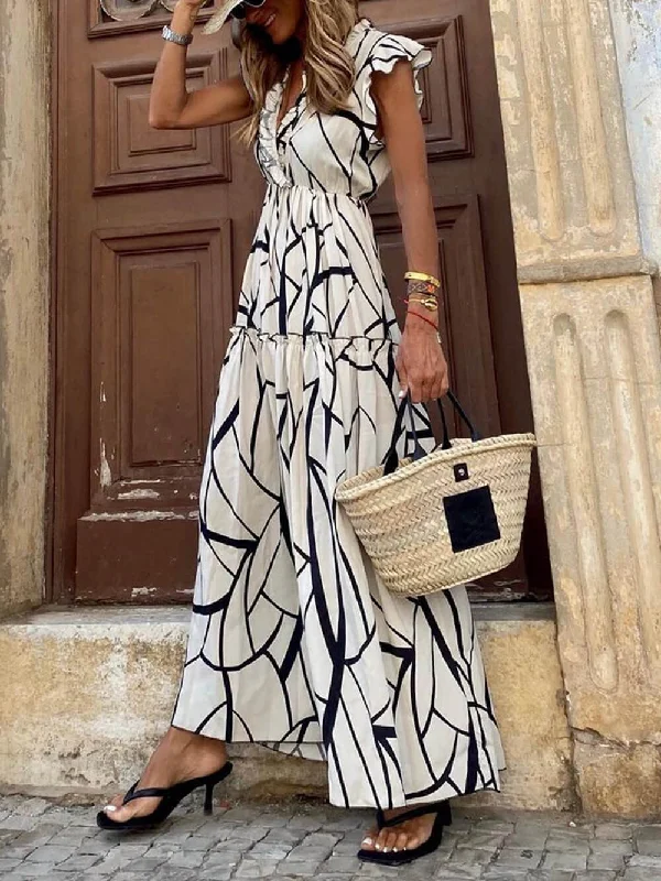 Geometric Print V-Neck Charming Ruffled Hem Maxi Dress Comfortable Maxi Dress with Sleeves Geometric Print V-Neck Charming Ruffled Hem Maxi Dress Comfortable Maxi Dress with Sleeves