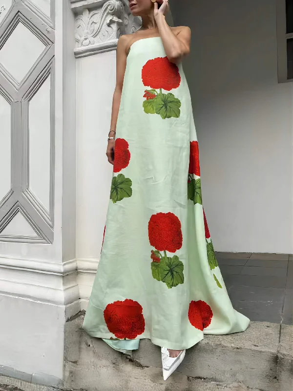 Geranium Floral Stylish Print Maxi Dress Trendy Maxi Dress with Bow