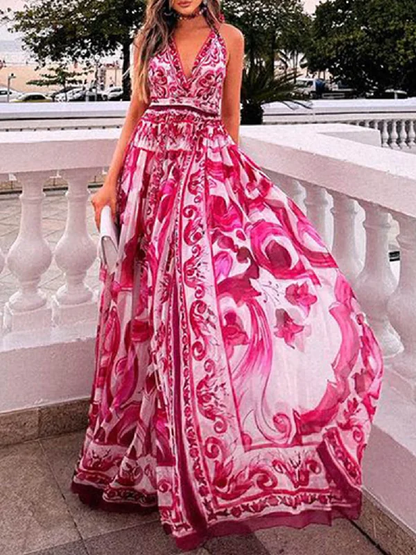 Halter Neck Backless Charming Printed Maxi Dress Fashionable Halter Neck Maxi Dress