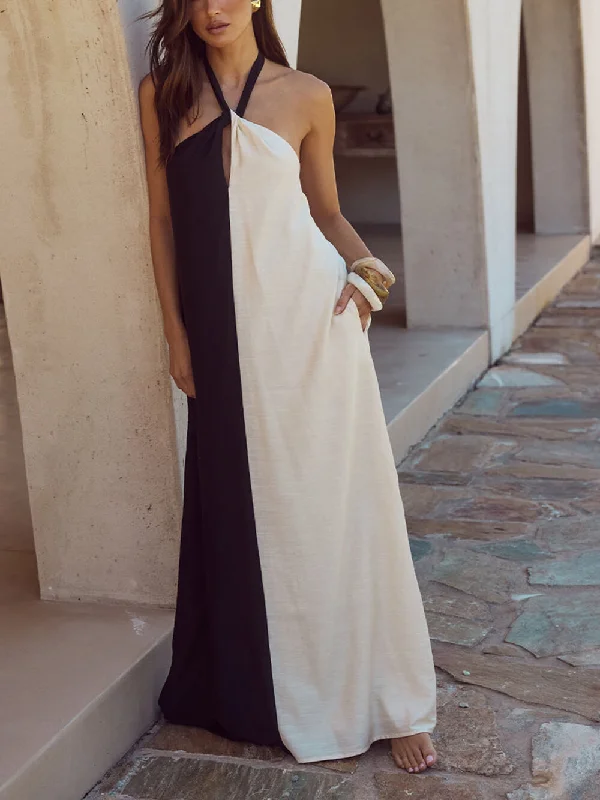 Hanging Neck Bold Contrast Color Trendy Halter Pocketed A-Line Maxi Dress Fashionable Button-Down Maxi Dress Hanging Neck Bold Contrast Color Trendy Halter Pocketed A-Line Maxi Dress Fashionable Button-Down Maxi Dress